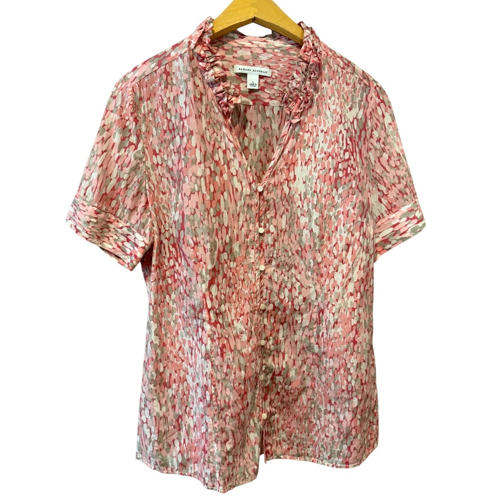 Banana Republic Pink Abstract Print Ruffle Neck Cotton Silk Blend Blouse L